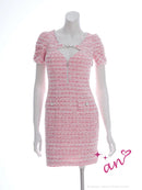 an/AOC-3705/ワンピース/キャバドレス/ミニドレス/ツイード/フロントジップ/バストバックル/袖あり/パフスリーブ/タイト/ブルー