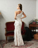 LuxeStyle/19012/リュクススタイル/キャバドレス/タイトドレス/フリルスリット/サイドスリット/ノースリーブ/総レース/ワンショルダー/ロングドレス/大きいサイズ/ベージュ/