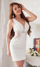 LuxeStyle/20233/リュクススタイル/キャバドレス/ミニドレス/サイドシアー/Vネック/ノースリーブ/ビジュー/ワンカラー/タイト