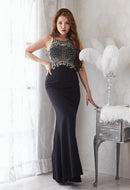 LuxeStyle/19044/リュクススタイル/ロングドレス/キャバドレス/ビジュー刺繍/シアー/ノースリーブ/ワンカラー/タイト/スリット