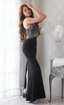 LuxeStyle/19044/リュクススタイル/ロングドレス/キャバドレス/ビジュー刺繍/シアー/ノースリーブ/ワンカラー/タイト/スリット