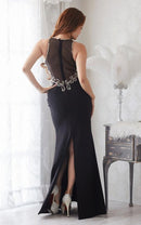 LuxeStyle/19044/リュクススタイル/ロングドレス/キャバドレス/ビジュー刺繍/シアー/ノースリーブ/ワンカラー/タイト/スリット
