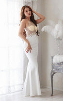 LuxeStyle/19044/リュクススタイル/ロングドレス/キャバドレス/ビジュー刺繍/シアー/ノースリーブ/ワンカラー/タイト/スリット