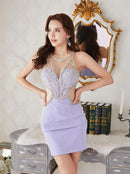 LuxeStyle/20242/リュクススタイル/キャバドレス/ミニドレス/ビーズ刺繍/ノースリーブ/カットアウト/シアー/タイト