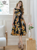 ERUKEI/C24019/エルケイ/ドレス/ミディアムドレス/ワンピース/プリント/花柄/ひまわり/ノースリーブ/Aライン