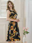 ERUKEI/C24019/エルケイ/ドレス/ミディアムドレス/ワンピース/プリント/花柄/ひまわり/ノースリーブ/Aライン