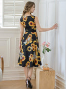 ERUKEI/C24019/エルケイ/ドレス/ミディアムドレス/ワンピース/プリント/花柄/ひまわり/ノースリーブ/Aライン