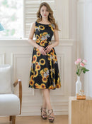 ERUKEI/C24019/エルケイ/ドレス/ミディアムドレス/ワンピース/プリント/花柄/ひまわり/ノースリーブ/Aライン