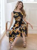 ERUKEI/C24019/エルケイ/ドレス/ミディアムドレス/ワンピース/プリント/花柄/ひまわり/ノースリーブ/Aライン