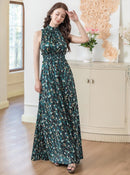 ERUKEI/C24165/エルケイ/ロングドレス/首元フリル/フラワープリント/ウエストマーク/マキシ/ノースリーブ/Aライン