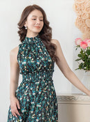 ERUKEI/C24165/エルケイ/ロングドレス/首元フリル/フラワープリント/ウエストマーク/マキシ/ノースリーブ/Aライン