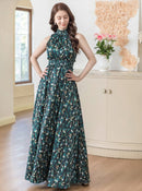 ERUKEI/C24165/エルケイ/ロングドレス/首元フリル/フラワープリント/ウエストマーク/マキシ/ノースリーブ/Aライン