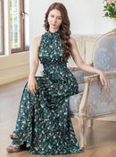 ERUKEI/C24165/エルケイ/ロングドレス/首元フリル/フラワープリント/ウエストマーク/マキシ/ノースリーブ/Aライン