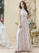 ERUKEI/C24165/エルケイ/ロングドレス/首元フリル/フラワープリント/ウエストマーク/マキシ/ノースリーブ/Aライン