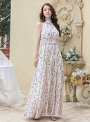 ERUKEI/C24165/エルケイ/ロングドレス/首元フリル/フラワープリント/ウエストマーク/マキシ/ノースリーブ/Aライン