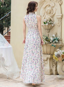 ERUKEI/C24165/エルケイ/ロングドレス/首元フリル/フラワープリント/ウエストマーク/マキシ/ノースリーブ/Aライン