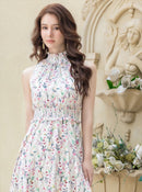 ERUKEI/C24165/エルケイ/ロングドレス/首元フリル/フラワープリント/ウエストマーク/マキシ/ノースリーブ/Aライン