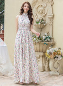 ERUKEI/C24165/エルケイ/ロングドレス/首元フリル/フラワープリント/ウエストマーク/マキシ/ノースリーブ/Aライン