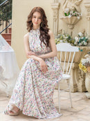 ERUKEI/C24165/エルケイ/ロングドレス/首元フリル/フラワープリント/ウエストマーク/マキシ/ノースリーブ/Aライン