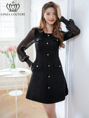 ERUKEI/C24181/エルケイ/ドレス/ミニドレス/ワンピース/ビジューボタン/シアー/ラメ糸/ポケット/切替/長袖/Aライン