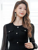 ERUKEI/C24181/エルケイ/ドレス/ミニドレス/ワンピース/ビジューボタン/シアー/ラメ糸/ポケット/切替/長袖/Aライン