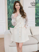 ERUKEI/C24181/エルケイ/ドレス/ミニドレス/ワンピース/ビジューボタン/シアー/ラメ糸/ポケット/切替/長袖/Aライン