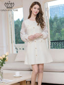 ERUKEI/C24181/エルケイ/ドレス/ミニドレス/ワンピース/ビジューボタン/シアー/ラメ糸/ポケット/切替/長袖/Aライン