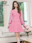 ERUKEI/C24181/エルケイ/ドレス/ミニドレス/ワンピース/ビジューボタン/シアー/ラメ糸/ポケット/切替/長袖/Aライン