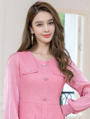 ERUKEI/C24181/エルケイ/ドレス/ミニドレス/ワンピース/ビジューボタン/シアー/ラメ糸/ポケット/切替/長袖/Aライン