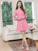 ERUKEI/C24181/エルケイ/ドレス/ミニドレス/ワンピース/ビジューボタン/シアー/ラメ糸/ポケット/切替/長袖/Aライン