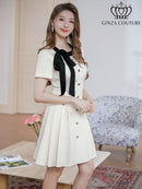 ERUKEI/C24182/エルケイ/ドレス/ミニドレス/ワンピース/バイカラー/半袖/リボン/ボタン/プリーツ/Aライン