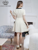 ERUKEI/C24182/エルケイ/ドレス/ミニドレス/ワンピース/バイカラー/半袖/リボン/ボタン/プリーツ/Aライン