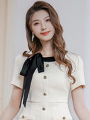 ERUKEI/C24182/エルケイ/ドレス/ミニドレス/ワンピース/バイカラー/半袖/リボン/ボタン/プリーツ/Aライン