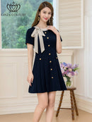 ERUKEI/C24182/エルケイ/ドレス/ミニドレス/ワンピース/バイカラー/半袖/リボン/ボタン/プリーツ/Aライン