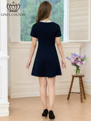 ERUKEI/C24182/エルケイ/ドレス/ミニドレス/ワンピース/バイカラー/半袖/リボン/ボタン/プリーツ/Aライン