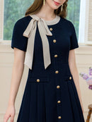 ERUKEI/C24182/エルケイ/ドレス/ミニドレス/ワンピース/バイカラー/半袖/リボン/ボタン/プリーツ/Aライン