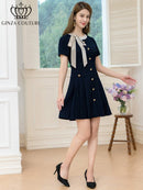 ERUKEI/C24182/エルケイ/ドレス/ミニドレス/ワンピース/バイカラー/半袖/リボン/ボタン/プリーツ/Aライン