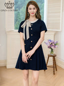 ERUKEI/C24182/エルケイ/ドレス/ミニドレス/ワンピース/バイカラー/半袖/リボン/ボタン/プリーツ/Aライン