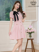 ERUKEI/C24182/エルケイ/ドレス/ミニドレス/ワンピース/バイカラー/半袖/リボン/ボタン/プリーツ/Aライン