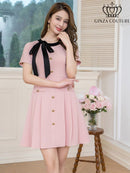 ERUKEI/C24182/エルケイ/ドレス/ミニドレス/ワンピース/バイカラー/半袖/リボン/ボタン/プリーツ/Aライン