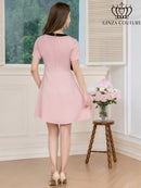 ERUKEI/C24182/エルケイ/ドレス/ミニドレス/ワンピース/バイカラー/半袖/リボン/ボタン/プリーツ/Aライン