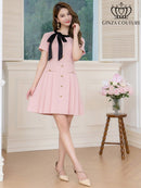 ERUKEI/C24182/エルケイ/ドレス/ミニドレス/ワンピース/バイカラー/半袖/リボン/ボタン/プリーツ/Aライン