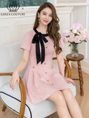 ERUKEI/C24182/エルケイ/ドレス/ミニドレス/ワンピース/バイカラー/半袖/リボン/ボタン/プリーツ/Aライン