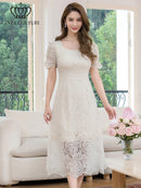 ERUKEI/C24213/エルケイ/ドレス/ミディアムドレス/ワンピース/総レース/パフスリーブ/半袖/スパンコール/ハイウエスト/Aライン