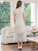 ERUKEI/C24213/エルケイ/ドレス/ミディアムドレス/ワンピース/総レース/パフスリーブ/半袖/スパンコール/ハイウエスト/Aライン