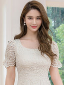 ERUKEI/C24213/エルケイ/ドレス/ミディアムドレス/ワンピース/総レース/パフスリーブ/半袖/スパンコール/ハイウエスト/Aライン