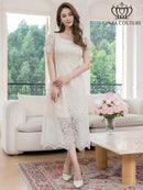 ERUKEI/C24213/エルケイ/ドレス/ミディアムドレス/ワンピース/総レース/パフスリーブ/半袖/スパンコール/ハイウエスト/Aライン