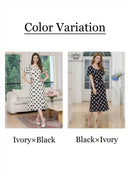 ERUKEI/C25084/エルケイ/ミディアムドレス/ワンピース/パフスリーブ/半袖/サテンジャガード/ドット/リボン/Aライン