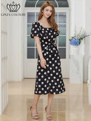 ERUKEI/C25084/エルケイ/ミディアムドレス/ワンピース/パフスリーブ/半袖/サテンジャガード/ドット/リボン/Aライン