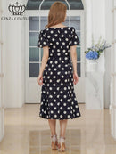 ERUKEI/C25084/エルケイ/ミディアムドレス/ワンピース/パフスリーブ/半袖/サテンジャガード/ドット/リボン/Aライン